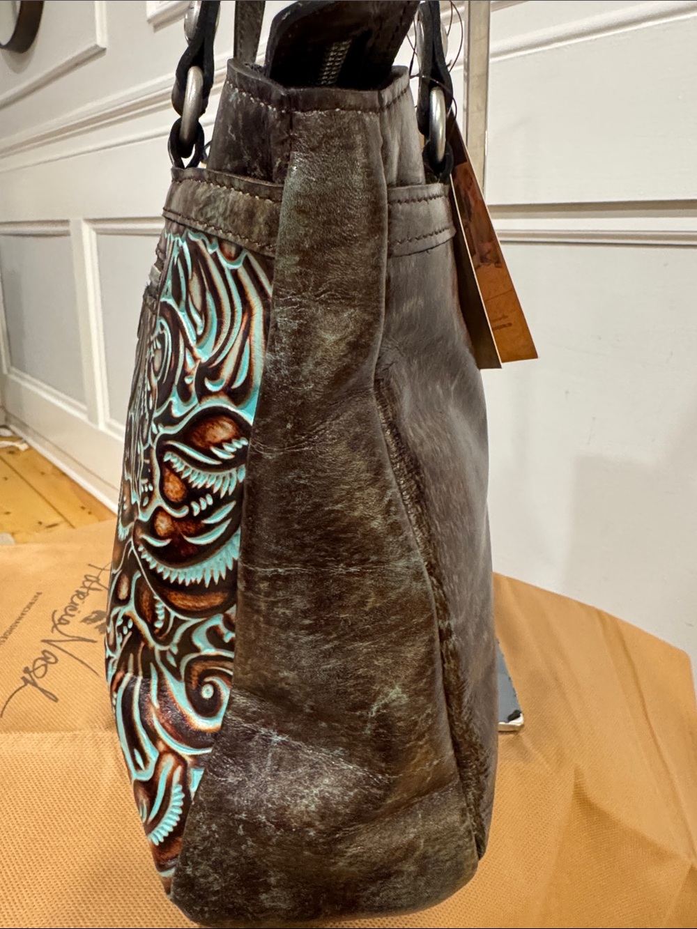 Patricia Nash Bag Tooled Turquoise Brown Leather Floral Embossed Tote NWT - Picture 7 of 17